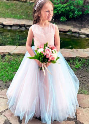Blush And Soft Blue Glitter Tulle Flower Girl Dress